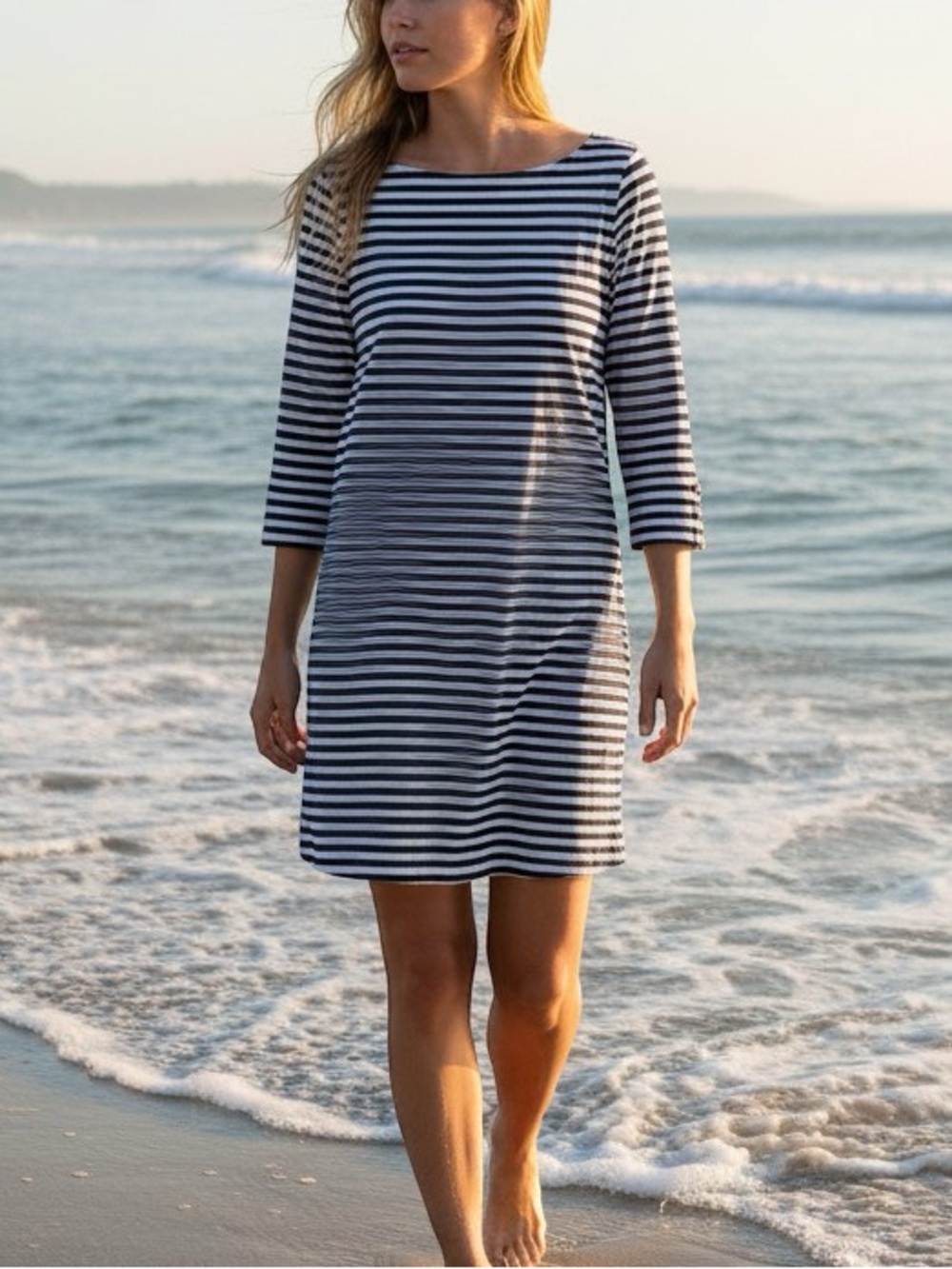 Three Dots Navy Blue White Striped Dress Bateau Neck Nautical Preppy Beach S